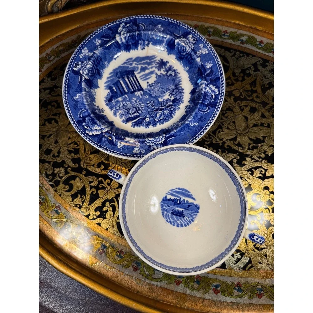 Wedgwood Landscape of Etruria Blue Transferware Saucer & Double-Handled Bowl‎